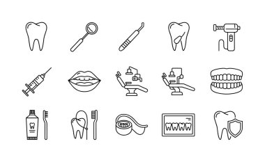 Diş hekimliği, diş aletleri, sandalye, diş fırçası ve beyaz arka planda diş ipi de dahil olmak üzere el çizimi taslak stili ikonlar..