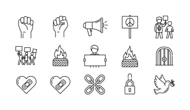 Protesto, aktivizm, sosyal adalet ve barışın sembollerinin yer aldığı bir taslak tarzı ikonlar koleksiyonu. Yükselen yumruklar, megafonlar, barış işaretleri ve güvercinleri içerir..