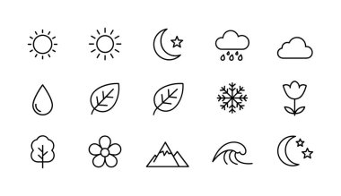 Güneş, ay, bulut, yağmur, yaprak, kar tanesi, çiçek, ağaç, dağ ve dalga gibi çeşitli doğa ve hava elementlerini temsil eden çok yönlü simgelerden oluşan siyah bir set..