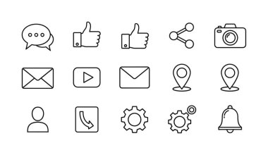 Sosyal medya, iletişim ve kullanıcı arayüzü tasarımı için 15 adet el çizimi sanat simgesi koleksiyonu. Paylaşım, yorum ve bildirim simgelerini içerir.