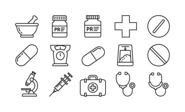 İlaç, şırınga, stetoskop ve ilk yardım seti gibi tıbbi ve ilaç ürünlerini temsil eden çok yönlü bir siyah beyaz çizgi sanat ikonu koleksiyonu..