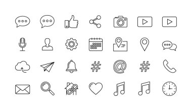 Sosyal medya, web ve mobil uygulamalar için kabataslak, karalama tarzı ikonlar koleksiyonu. Paylaşım, yorum, kamera, konum ve mesaj sembolleri gibi şeyleri içerir. Beyaz arkaplanda izole.