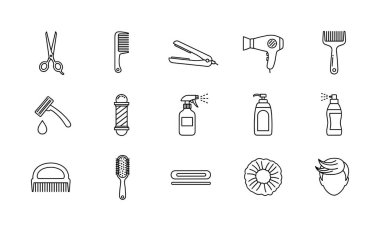 Makas, tarak, jilet ve saç kurutma makinesi de dahil olmak üzere çeşitli berber dükkanlarını ve kuaför aletlerini temsil eden 15 adet el çizimi sanat simgesi..
