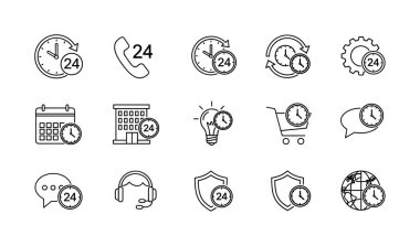 24 saat hizmet, destek, ulaşılabilirlik ve zaman kavramlarını temsil eden el çizimi çizgi simgelerinin bir koleksiyonu. Beyaz arkaplanda izole edilmiş saat, telefon, takvim ve genel simgeleri içerir.