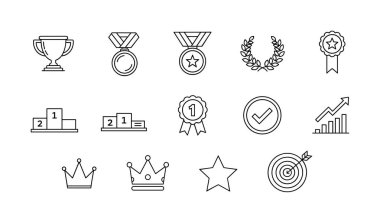 Başarıyı, zaferi ve başarıyı temsil eden 15 taslak ikondan oluşan bir koleksiyon. İş veya spor kavramları için ödül, madalya, podyum, taç, hedef ve büyüme grafiklerini içerir.