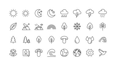 Güneş, ay, bulutlar, ağaçlar, dağlar ve hava durumu gibi çeşitli doğal elementleri temsil eden basit siyah beyaz çizgi sanat simgelerinden oluşan bir koleksiyon. Doodle biçim vektör illüstrasyonu.