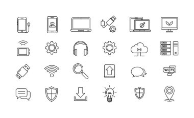 Bulut bilgisayarı, güvenlik ve mobil aygıtlar gibi çeşitli teknoloji, internet ve iletişim kavramlarını temsil eden el çizimi taslak simgelerinin bir koleksiyonu.