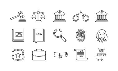 Hukuk, adalet ve hukuki temalar için basit monokrom vektör simgeleri. Beyaz bir arkaplanda adliye binası, parmak izi, polis rozeti ve tokmak sembolleri yer alıyor..
