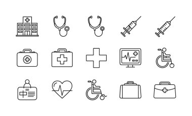 Hastane, steteskop, şırınga, ilk yardım kiti, kalp atış hızı monitörü ve sağlık hizmetleri tasarımı projeleri için tekerlekli sandalye içeren el yapımı tıbbi ikonlar koleksiyonu..