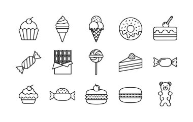 Çeşitli tatlı ve tatlıların yer aldığı tek renkli sanat simgelerinden oluşan bir koleksiyon. Bu sette kek, dondurma, çörek, pasta, çikolata ve şeker çizimleri yer alıyor..