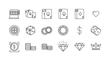 Kağıt, zar, rulet, fiş ve para gibi çeşitli kumarhane ve kumar unsurlarını temsil eden karalama stili vektör ikonlarının bir koleksiyonu. Oyun ve eğlence kavramları için basit siyah çizgi sanatı.
