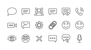 Sohbet uygulamaları ve mesajlar, aramalar, video ve kullanıcı etkileşimleri için semboller içeren sosyal medya arayüzleri ve sosyal medya arayüzleri için beyaz bir arkaplanda izole edilmiş bir dizi modern ana hatlar simgesi.