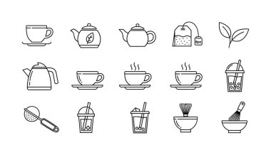 Çay ve kahve için minimalist taslak simgelerinden oluşan bir koleksiyon. Bu sette çaydanlıklar, fincanlar, çaydanlıklar, buzlu çaydanlıklar ve kibrit hazırlama araçları gibi çeşitli içecek malzemeleri yer almaktadır..