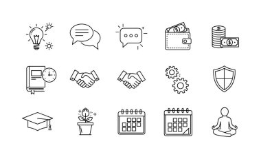İş ve kişisel gelişim için el çizimi simgelerinden oluşan vektör koleksiyonu. Fikirler, finans, ortaklık, planlama, eğitim ve farkındalık sembolleri içerir.