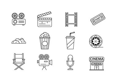 Sinema ve film yapımcılığını temsil eden on iki siyah beyaz çizgi sanat ikonundan oluşan bir koleksiyon, projektör, klaket, patlamış mısır, film makarası ve sinema bileti de dahil olmak üzere..