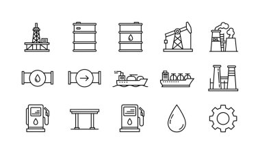 Petrol ve gaz endüstrisini temsil eden ana hatların toplanması, çıkarma ve arıtmadan ulaşım ve dağıtıma kadar. Araçlar, fıçılar ve pompalar gibi semboller içerir.