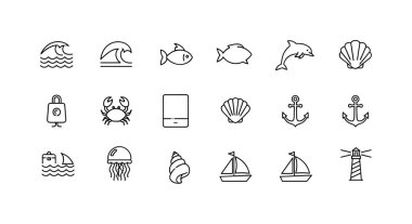 Okyanus, deniz ve plajla ilgili 20 adet ince çizgi ikonu. Ağ ve mobil uygulamalar için yunus, yengeç, denizanası, deniz feneri ve yelkenli sembolleri içerir.