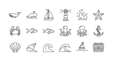 Balinalar ve yengeçler gibi hayvanlar, deniz feneri ve çapa gibi objeler gibi çeşitli deniz ve deniz temalı ikonlar, hepsi basit bir el çizgisi çizimi sanat tarzında..
