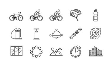 Bisikletle ilgili on beş ince çizgi ikonu koleksiyonu. Bir bisiklet, bisikletçi, kask, su şişesi, pompa, harita, kronometre ve diğer aksesuarları içerir. Web ve mobil tasarım için vektör illüstrasyonu.
