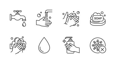 El yıkama adımlarını gösteren basit çizgi simgelerinin toplanması. Tap, sabun, dezenfektan ve hijyen ve sağlığı destekleyen antivirüs sembolleri içerir.