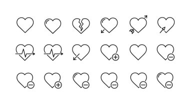 Kırık kalp, kalp atışı kardiyogramı ve web ve uygulama kullanıcı arayüzü tasarımı için favori sembolleri eklemek veya kaldırmak gibi çeşitli el çizimi kalp simgelerinden oluşan bir koleksiyon.