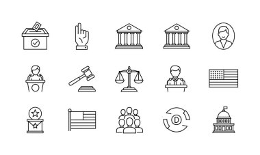 Amerikan politikasını, hukuku ve seçimlerini temsil eden ince çizgi simgelerinin toplanması. ABD bayrağı, Meclis binası, tokmak, adalet terazisi ve oy sandığı gibi sembolleri içerir.