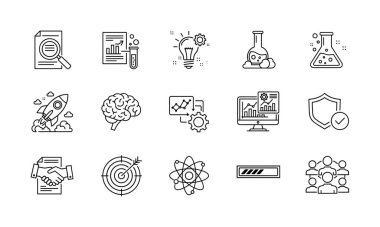 Araştırma, yenilik, girişim, veri analizi, takım çalışması ve iş ve bilim projeleri için güvenlik gibi kavramları temsil eden on beş adet siyah beyaz çizgi sanat simgesi koleksiyonu.