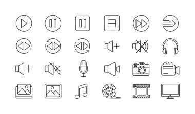 Oyun, duraklama, ses, kamera ve müzik sembolleri de dahil olmak üzere elle çizilmiş medya simgelerinin bir koleksiyonu. İzole edilmiş vektör illüstrasyonu, yarım yamalak, karalama benzeri estetik..