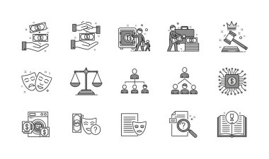 Rüşvet, para aklama, dolandırıcılık, adalet ve kurumsal hiyerarşi gibi kavramları temsil eden el çizgisi sanat simgeleri koleksiyonu, yasal veya finansal temalar için mükemmel.