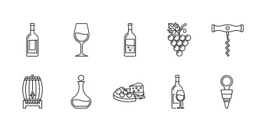 Basit bir siyah beyaz çizgi sanat tarzında on şarap temalı ikondan oluşan bir koleksiyon. Sette bir şarap şişesi, cam, üzüm, tirbuşon, fıçı, sürahi, peynir tabağı ve şarap önleyici bulunuyor. Beyaz bir arkaplanda izole edilmiş.
