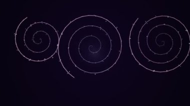 Parçacıklardan oluşan üç parlak spirali içeren büyüleyici bir hareket grafiği, koyu mor bir zemin üzerinde yavaşça dönüyor. Soyut, geleceksel ve hipnotik bir görsel döngü..