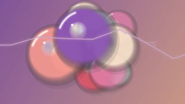Yumuşak, parlak, renkli kürelerin pürüzsüz mor ve turuncu eğimli arkaplana nazikçe süzüldüğü bir döngü animasyonu. Modern ve soyut görsel.