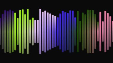 Siyah bir arkaplana karşı canlandırılmış çok renkli ses dalgası çubukları