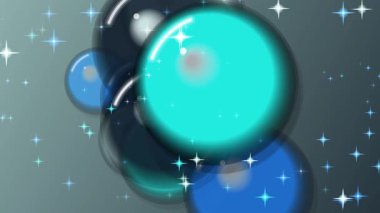 Pırıl pırıl parlayan yıldız parçacıklarıyla yüzen parlak mavi ve cyan kabarcıkları içeren kusursuz bir döngü animasyonu. Bu, yaratıcı projeler için soyut hareket grafikleri arkaplanı.