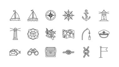 El çizimi taslak tarzında çeşitli deniz temalı simgelerin bir koleksiyonu. Denizcilik tasarımı için yelkenli, çapa, pusula, deniz feneri ve hazine haritası içerir.