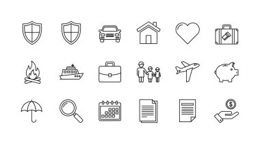 Yaşam, sağlık, ev, araba, seyahat ve iş koruma gibi farklı sigorta türlerini temsil eden çeşitli el çizimi simgeler..