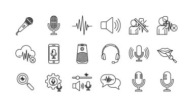 Mikrofonları, ses dalgalarını, ses komutlarını ve ses teknolojisini temsil eden bir taslak tarzı ikonlar koleksiyonu. El çizimi vektör illüstrasyonuName.