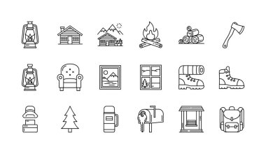 Doğa teması, yürüyüş ve rahat kulübe hayatı için mükemmel 18 taslak karalama tarzı simge seti. Tasarım projeleri için izole vektör ögeleri.