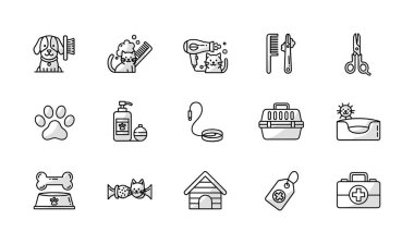 Bakım, beslenme ve sağlık gibi hayvan bakım hizmetlerini temsil eden bir taslak ikon koleksiyonu. Taşıyıcı, tasma, şampuan ve ilk yardım çantası gibi şeyleri içerir..