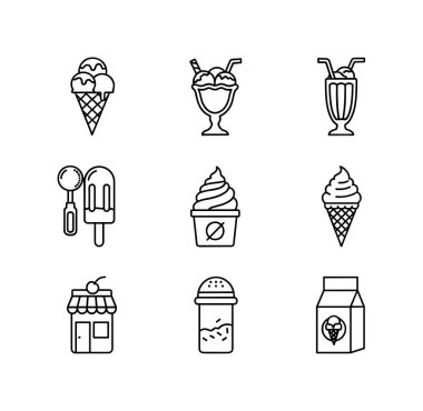 Dondurma, dondurma, dondurma, milkshake, dondurma ve dondurmacıda dahil olmak üzere çeşitli tatlı ikonları temsil eden dokuz minimalist taslak ikonu..