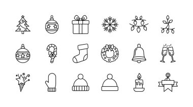 Bir ağaç, süs, hediye, kar tanesi, ışık, çorap ve daha fazlası gibi temiz bir sanat tarzında çeşitli Noel ve kış tatili simgelerinden oluşan bir koleksiyon..