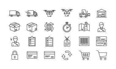 Lojistik, nakliye, çevrimiçi alışveriş ve kamyonlar, dronlar, ödeme yöntemleri ve izleme de dahil olmak üzere teslimat hizmetlerini temsil eden ince çizgi vektör simgelerinin bir koleksiyonu.