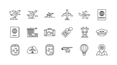 Uçuş ve turizm ile ilgili bir dizi basit taslak simgesi. Bu vektör koleksiyonu bir uçak, pasaport, havaalanı kontrol kulesi, bagaj ve diğer seyahat sembollerini içerir..