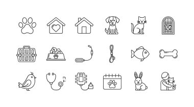 Evcil hayvan ve hayvan bakımıyla ilgili bir dizi siyah beyaz çizgili sanat simgesi. Köpek, kedi, kuş, balık, tavşan, yiyecek, oyuncak ve stetoskop ve mikroçip gibi veteriner hizmetleri için semboller içerir.