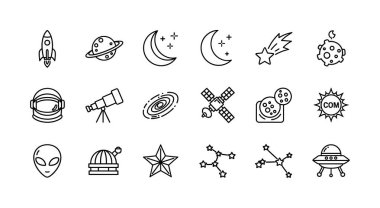 Basit bir siyah anahat tarzında çeşitli uzay temalı simgelerden oluşan bir koleksiyon. Roket, gezegen, ay, yıldızlar, kuyruklu yıldız, astronot, teleskop, galaksi, uydu, uzaylı ve UFO içerir..