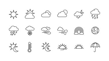 Çeşitli hava tahmini simgelerinin toplanması. Güneş, bulutlar, yağmur, kar, rüzgar, fırtına, gökkuşağı, ay ve sıcaklık sembollerini içerir. Basit siyah çizgi sanat biçimi.