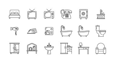 Yatak, televizyon, küvet ve mobilya gibi çeşitli otel ve ev eşyalarını temsil eden siyah-beyaz karalama tarzı ikonlar. Beyaz arkaplanda izole vektör illüstrasyonuName.