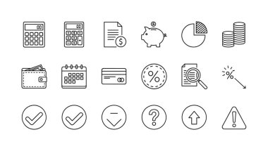 Para, bankacılık ve web sembolleri ile ilgili çeşitli çizgi sanat simgelerinin bir koleksiyonu. Çizim biçiminde hesap makinesi, domuz kumbarası, cüzdan, kontrol işareti ve uyarı işaretlerini içerir.
