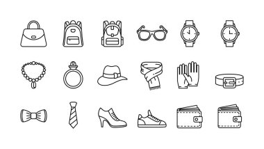 Basit bir siyah beyaz el çizimi ya da karalama tarzında çeşitli moda aksesuar ikonları koleksiyonu. Çantalar, ayakkabılar, mücevherler, şapkalar ve cüzdanlar..