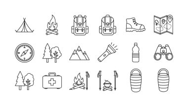 Açık hava aktiviteleri için bir dizi siyah beyaz çizgi sanat simgesi. Yürüyüş, kamp ve hayatta kalma için temel ekipmanları beyaz arka planda izole edilmiş basit bir skeç tarzında..
